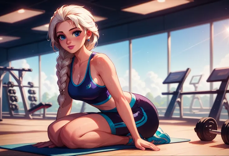 score_9,score_8_up,score_7_up,score_6_up, detailed soft lighting, cinematic film still casual elsa, (cute workout attire, long h...