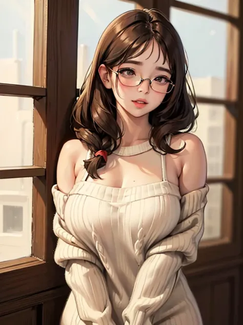 High-quality illustration, masterpiece, 1 cute chubby girl with beautiful realistic natural very small soft teen breasts, thick brown hair to the shoulder blades, Big shiny brown eyes, long eyelashes, Glasses, plump sensual lips, naked sweater, I don&#39;t...