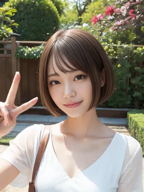 Smiling girl, (1 female), Short Bob Hair, 28 years old, Japanese, Brown eyes, Brown Hair, Slim figure, Mid-chest, 
Short sleeve dress,garden,peace sign