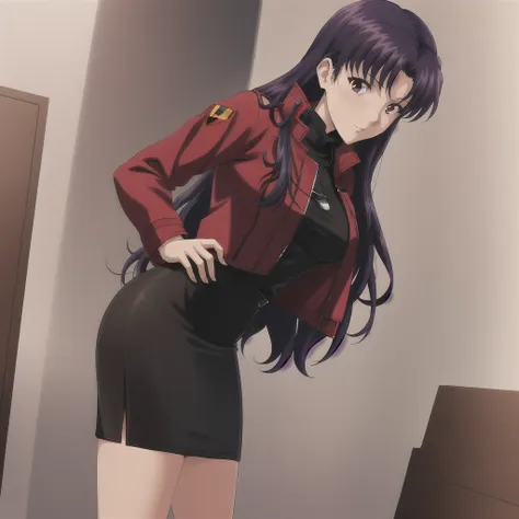 katsuragi_misato, 
1girl, solo, purple_hair, long_hair, katsuragi_misato, pencil_skirt, skirt, jacket, red_jacket,
high detail,c...