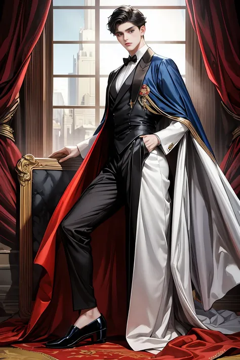 
masterpiece, 最high quality, high quality, 1 boy, alone, Male focus, Watching the audience,  Messy black hair, Adorable big blue eyes, White, Noble, Noble,A black and red cape that is bursting with sexy volume、Tuxedo、A very voluminous, large, very large, v...