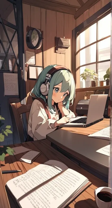 A cute girl is studying with her notebook open in an old coffee shop while wearing headphones。The table is messy、The whole desk is visible。There is coffee。Madhouse-like colors、A touch like Makoto Shinkai