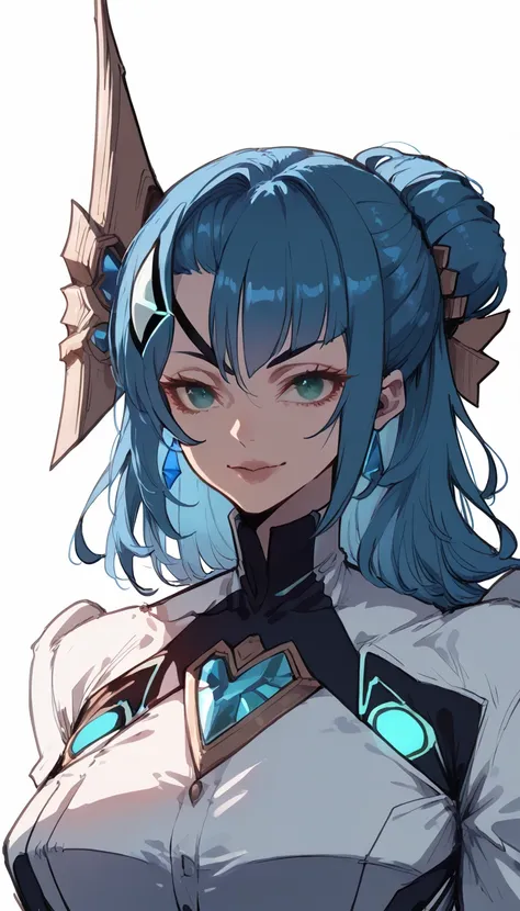 mikumari \(xenoblade\)masterpiece, highest quality, ((1 person)),blue hair,green eyes,serious expression, smile,upper body,line ...