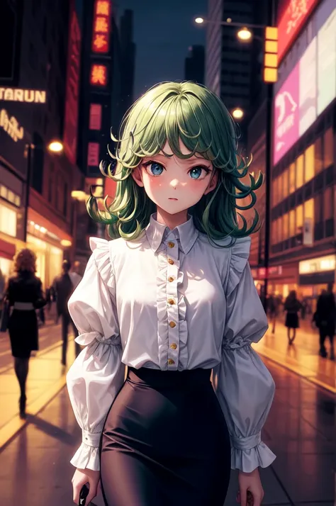 masterpiece, best quality, 1girl, tatsumaki, flat chest, petite, high waist skirt, pencil skirt, long sleeve white silk shirt, (frilled shirt), puffy sleeves, city, modeling, high contrast, dramatic lighting, 