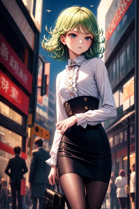 masterpiece, best quality, 1girl, tatsumaki, flat chest, petite, high waist skirt, pencil skirt, long sleeve white silk shirt, (frilled shirt), puffy sleeves, city, modeling, high contrast, dramatic lighting, 