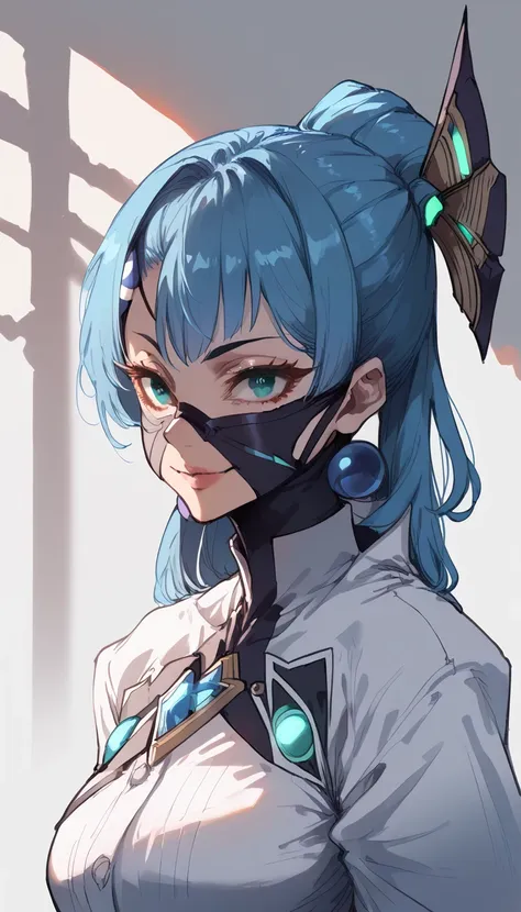 mikumari \(xenoblade\)masterpiece, highest quality, ((1 person)),blue hair,green eyes,serious expression, smile,upper body,line ...