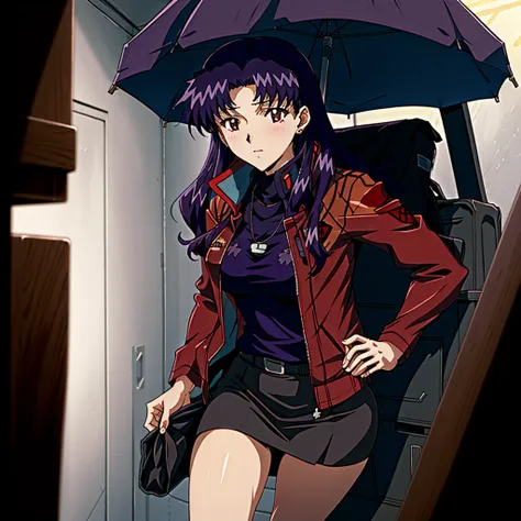 katsuragi_misato, 
1girl, solo, purple_hair, long_hair, katsuragi_misato, pencil_skirt, skirt, jacket, red_jacket,
high detail,c...