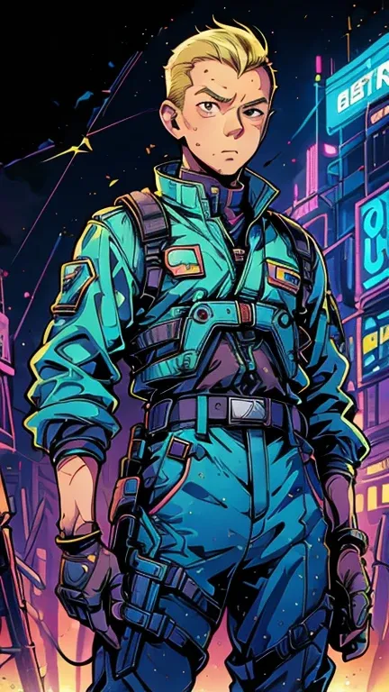 (Teens:1boy: Tintin,CyberpunkAI), (extremely detailed CG unit 8k wallpaper),(master part), (best quality), (ultra detali), (best illustration),(melhor ombre), cowboy shot, (Sharp eyeliner, ombre, detailedeyes:1),Dark midnight neon light Tokyo City backgrou...