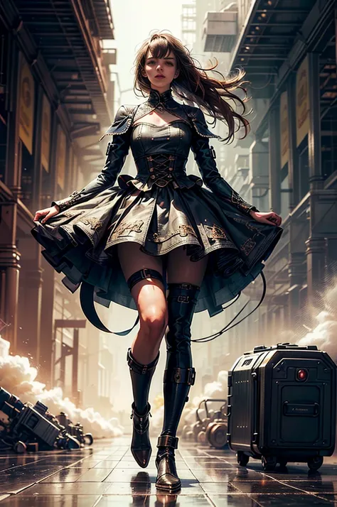 Ultra Resolution, Ultra detail, 8k , HDR, Ultra sharp,((top-quality)), ((​masterpiece)), ((realisitic)), (detailed), Reflective,een Emma Watson,steampunk girl,looking back at the camera,leather shorts,slender and graceful frame,inside pirate ship,helmet wi...