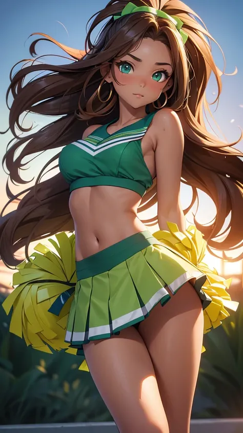 (masterpiece), (4k), )vivid colors), (evening light) 12-year-old woman with very tanned skin, green eyes, very long wavy brown hair with ((high collection)) dressed in a ((sexy cheerleader costume, skirt and low-cut top))