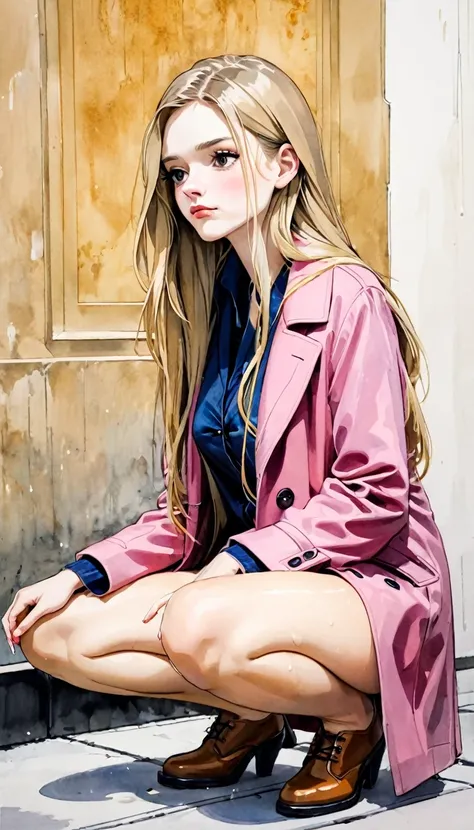 beautiful detailed [photo:illustration:0.9], 1girl, pink long hair, MACKINTOSH coat, best quality, realistic, modern style, thick oil wash painting, traditional media,[sketch:acrylic paint:0.5], girl squatting, cameltoe art inspired by Bill Sienkiewicz
