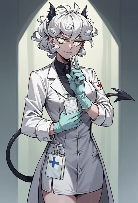 1girl, pandemonica (helltaker), ((blue medical gloves)), ((surgical gloves)), ((latex gloves)), ((long sleeves)), looking at viewer, ((white doctor outfit)), standing, solo
