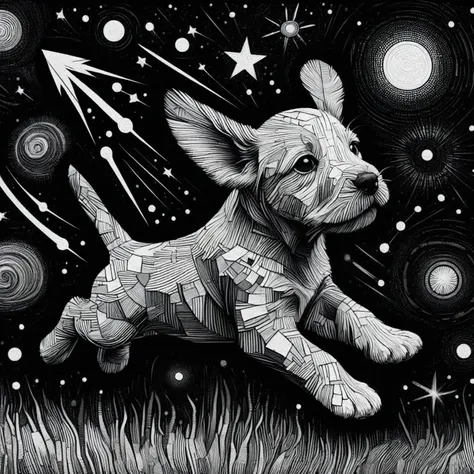 a black and white drawing of a dog running through the grass, exceedingly incredibly complex, incredibly complex, intricate deta...