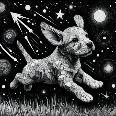 a black and white drawing of a dog running through the grass, exceedingly incredibly complex, incredibly complex, intricate deta...