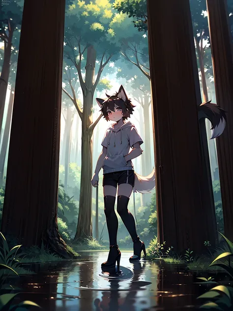 alone, 1 person, in the midday forest, puddle,black hair,shorts,the tail is fluffy, short sleeve hoodie，shota, black knee-high b...