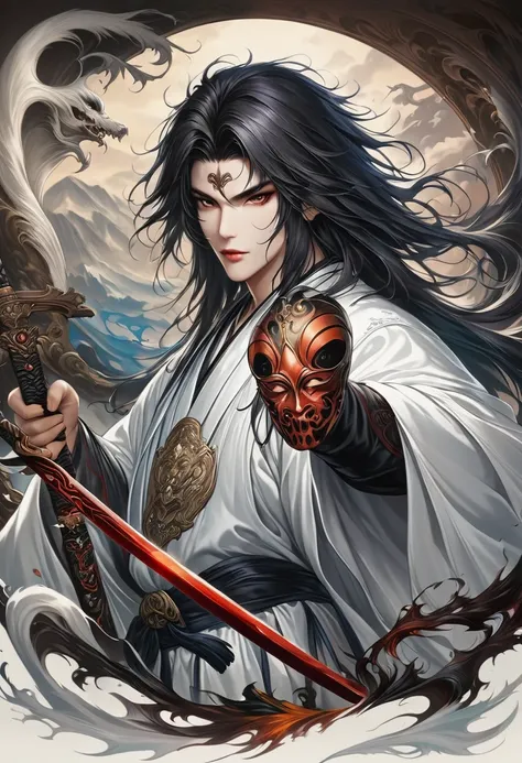 One was wearing a white dress、Close-up of man holding sword，Portrait of Yang Jian，Popularity of CGsociety，Fantasy Art，Beautiful character painting，Guviz-style artwork，Gurwitz，White Hanfu，Flowing white robe，Full body martial arts，Epic and beautiful characte...