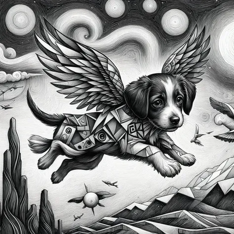 drawing of a dog flying through the air com asas, cute arte detalhadawork, por justin gerard, ilustração épica a lápis, surreal ...