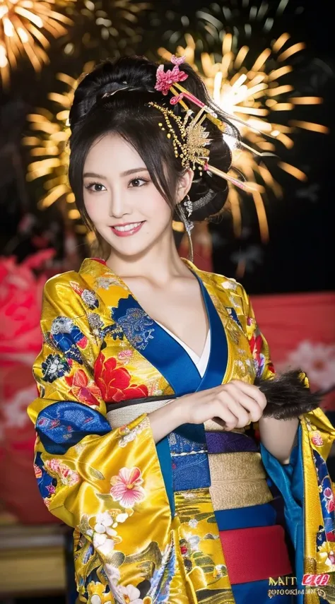 ((masterpiece(:1.4)，Highest quality，Ultra-high resolution，Highest quality，8k，Extremely detailed，In detail))。night，Fireworks display，Japanese，A beautiful woman，Big Breasts，Flashy courtesan makeup，Long-sleeved kimono，Hair tying，hairpin，hair ornaments，smoke t...