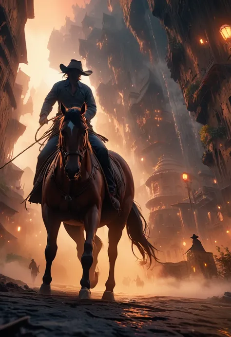 ( perfect anatomy ) a cowboy(Cowboy hat) Silhouette of riding horse in denim clothes (Dynamic angle)Sunset over the streets of an old west town (Rich color levels)

                              Wind and sand flow in the air entwining the foggy scene movie...