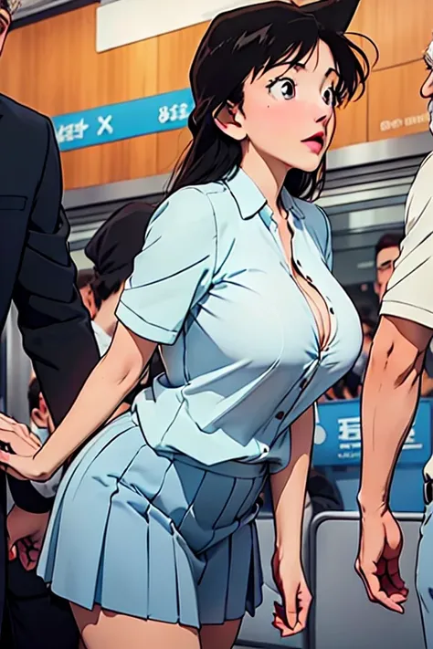 (((Full and soft breasts,)))(((Huge breasts))) (((Cleavage))) (Perfect curvy figure)(Harassment:1.8), ((Several old men surrounded her and touched her body.:1.1)), ((Surrounded by exposed men:1.4))、Anime Celluloid Style, best quality, high resolution, Shor...