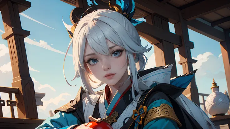 anime girl with a blue and white dress holding a blue ball, onmyoji, onmyoji detailed art, onmyoji portrait, white haired deity, keqing from genshin impact, genshin, from arknights, zhongli from genshin impact, heise jinyao, by Shitao, loong, by Yang J, yu...