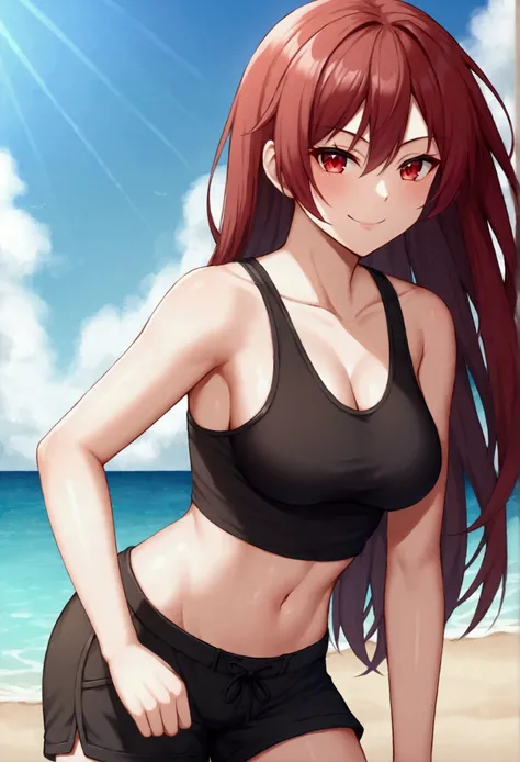 A girl at beach , solo , wearing a highly cropped black tank top with black shorts, red eyes , evil smile , long hair.