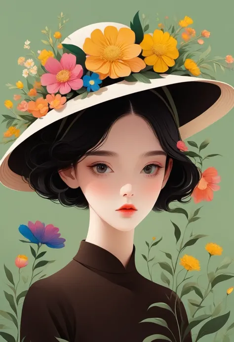 Vector，Flat style，illustration，The Minimalists，数字艺术illustration，A girl wearing a hat with various flowers，Unique，Black Hair，Pretty Face，Big bright eyes，portrait，Shoulder，Beautiful hands，Coordinated body proportions，Beautiful artistic conception，Abstract ba...