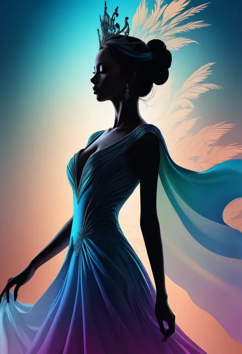 anime artillustration silhouette(silhouette:1.5) of a lady with a gradient unique movements background, transitioning from one to other color, with a subtle movements and serene atmosphere, haute couture royal regalia, SFW, surrealistic, accurate anatomica...