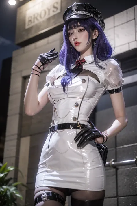 best quality,masterpiece,outdoor,night,1 Girl,Solitary,blush,Eyeliner,Eyeshadow,eyelash,Bangs,Short bangs,,Breast sagging,Lemon 0001,skirt,white skirt,,Red belt,Jewelry,Black pantyhose,belt,Purple Hair,have,black have,Peaked hat,Half-fingered gloves,Black ...