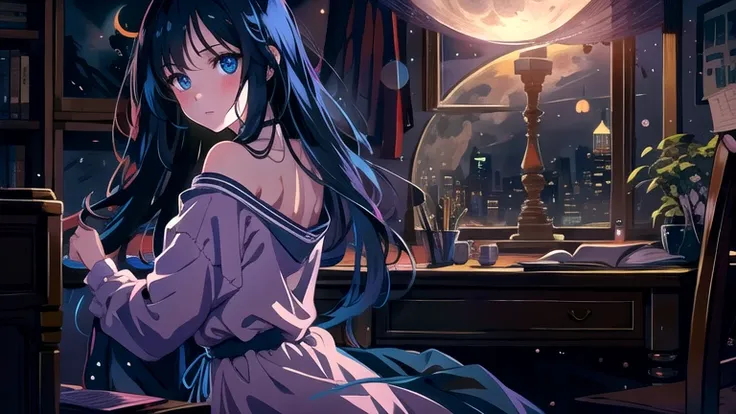 Create an illustration of a girl with black hair and blue eyes, sitting in a chair in front of a desk, Sentimental, Introspective look。, The moonlight gently shines into the room, Gently illuminate the space, Curtains sway in the wind, Increase tranquility...