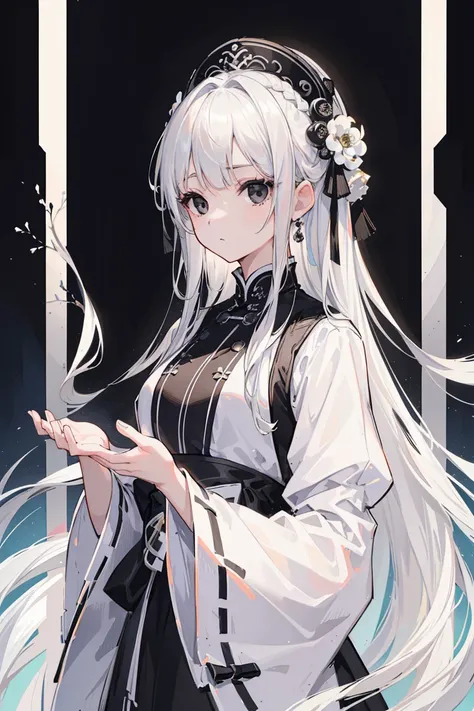 (Top image quality)、(Very detailed)、(Facing forward)、Top quality、masterpiece、(((1 girl )))、Silver Hair、White hair、((Long hair))、Weaving、(black eyes:1.6)、(White and black cheongsam)、Lots of decorations、Lots of ribbons、White Ribbon、Haggard、Fluffy loose hair