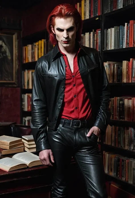 A world of darkness. A male Vampire of the Tremere clan in black leather trousers and a red shirt stands in a dark room in front of a desk with books. Red hair.