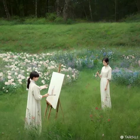 painting in a field of flowers with a woman in a white dress, by wen zhenheng, still from a live action movie, still from a fant...