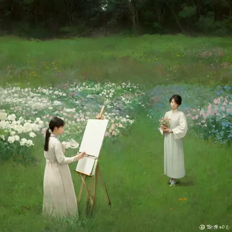 painting in a field of flowers with a woman in a white dress, by wen zhenheng, still from a live action movie, still from a fant...