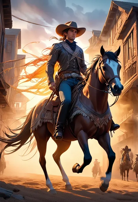 ( perfect anatomy ) A handsome cowboy(Cowboy hat) Denim clothes horse riding (Dynamic angle)Sunset over the streets of an old west town (Rich color levels)

                              Wind and sand flow in the air entwining the foggy scene movie lightin...