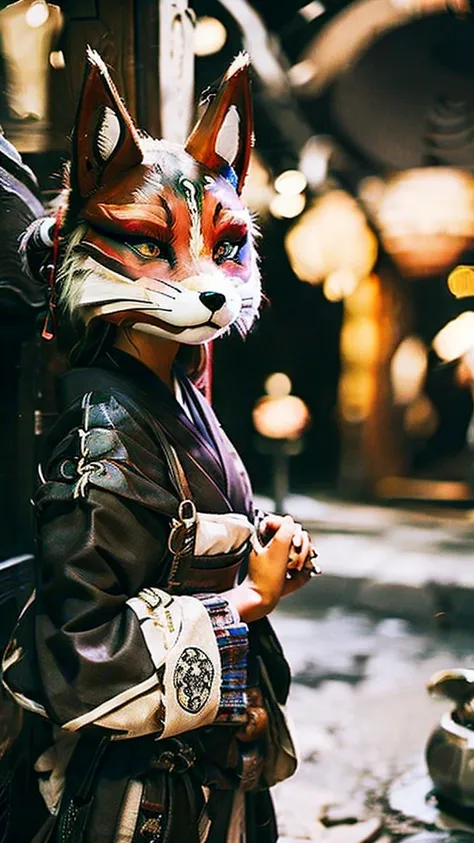 woman with furry face、fox mask、fox ears、white kimono、shout、night、japan road、shrine、low - angle、dynamic composition、background bl...