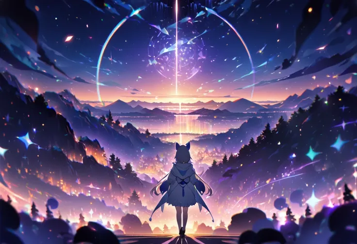 (((zoom out))),8K,((Highest quality)),((high-res)),((shot from behind)),night,She stands front of a magical landscape, ,soft focus,thank you!