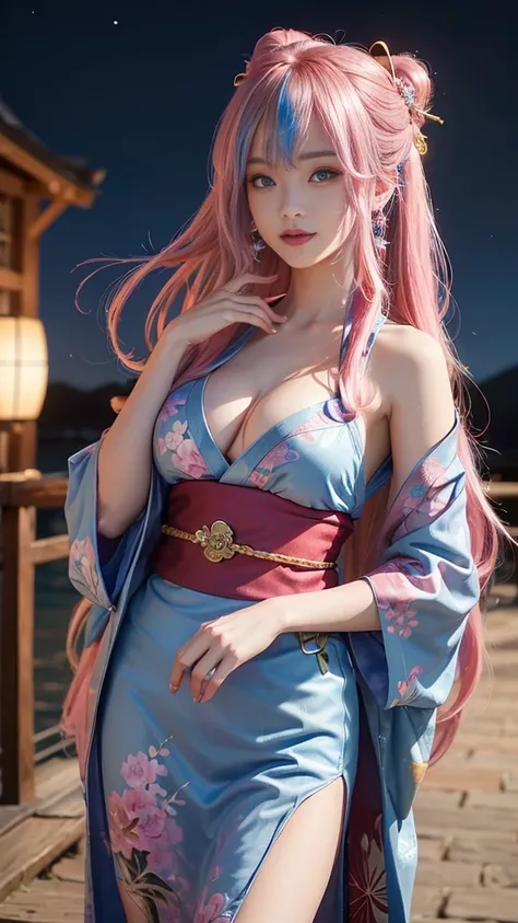 (masterpiece), (((highest quality)), (super detailed), 1 girl, (iridescent hair, red long hair, half blue and half pink hair: 1.2), 22 years old, (sexy yukata: 1.2), outdoor, bangs, smile, sky blue eyes, perfect hands, perfect hands, hand details, correcte...