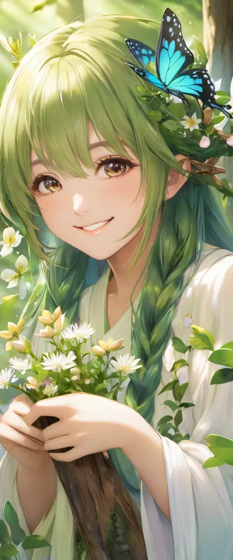 A girl, Dryad, Wood hair, Butterfly、petal、Smile