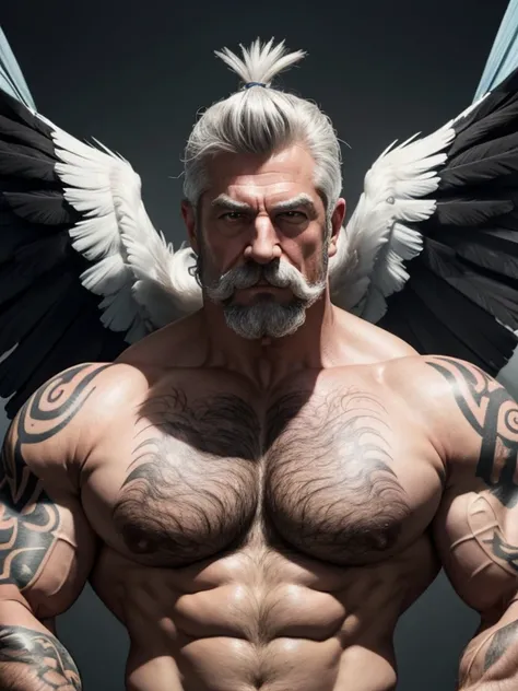 Hyperrealistic image of a gray-haired Norwegian superhero burlesque dancer with two huge symmetrical macaw wings very old and very sweaty bodybuilder over 80 years old very muscular and fat weighing over 200 kilos with a bare torso large and flaccid pector...