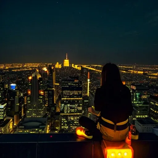 "The cityscape lit by streetlights and neon lights spreads out before your eyes....。Orange sunset seen between skyscrapers、A 16-year-old girl is sitting on a bench in the city、Gazing into the distance。girl&#39;Long hair blowing in the wind、I&#39;With a bac...