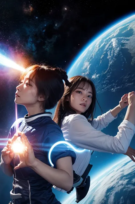 Two women fighting in space、Emitting Qigong from the hands、It also emits beams from its eyes