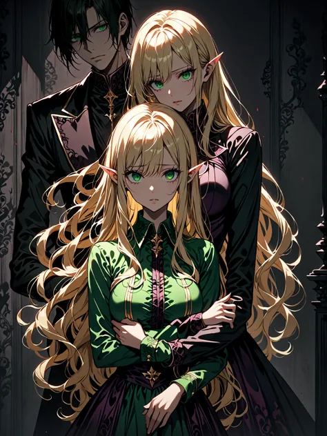 Elf, brother and sister, blonde, pointed ears, green eyes, light skin, fit, sinister atmosphere, hugging, looking at viewer, large breasts, long hair, harsh shadows, yandere, 1 male,1 female, luxurious clothes