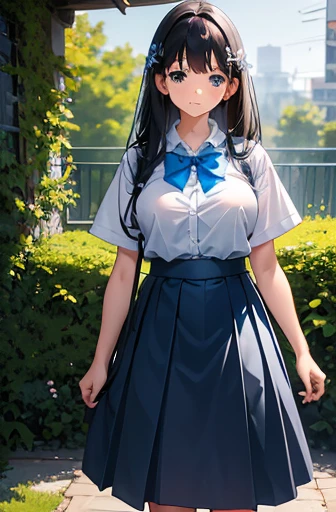 girl, student, 15 years old, Wearing a uniform, Light blue skirt, Long skirt, small bow, small bow, garden, nature, nature garden, anime, anime movie、Big Breasts、Long black hair