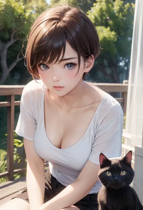 (8k、Photorealistic、RAW Photos、Highest quality: 1.3)、(One Girl)、Super Beauty、(True Face)、(boyish、Natural colored very shorthair cat)、Open-chested T-shirt、race，Captivate your audience、Beautiful expression、Beautiful breasts、Lover&#39;s point of view、（Realisti...