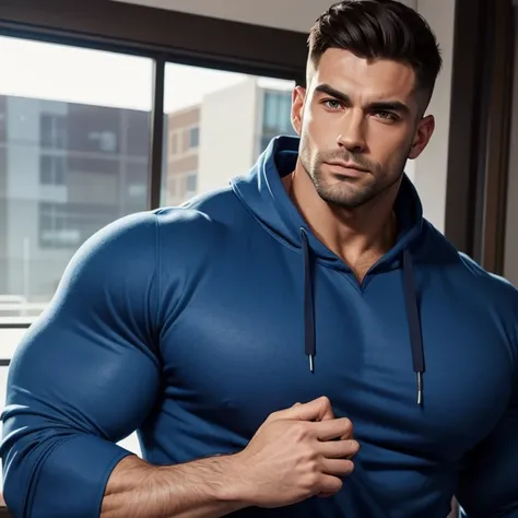 a very handsome man, with a haircut, massively muscular, with massively large muscles, blue sweatshirt, seen very close up