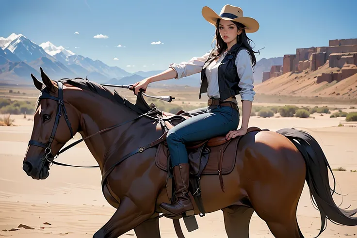 ((Masterpiece, top quality, high resolution, highly detailed CG unified 8K wallpaper)), (huge stunning goddess shot, very hot and sexy, jaw-dropping beauty, perfect proportions, beautiful body, slim body beauty:1.3), Western Cowboy, (cowboys riding horses ...