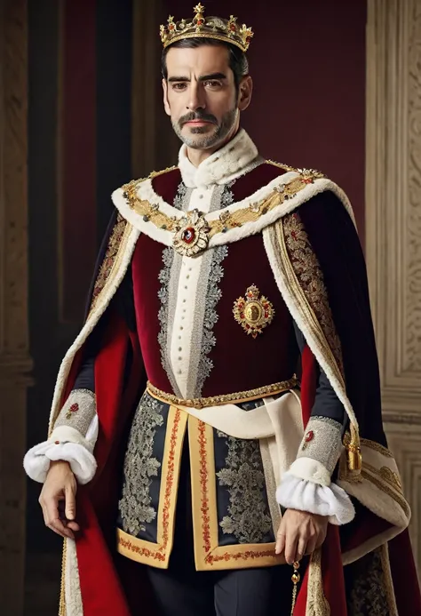 Handsome Spanish king wearing Spanish royal attire. 