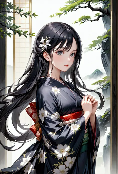 Mature Girl with long black hair with silver highlight, dark onyx eyes,tall rectangular body figure, kimono