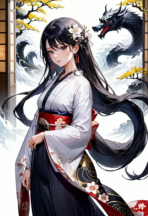 Mature Girl with long black hair with silver highlight, dark onyx eyes,tall rectangular body figure, kimono